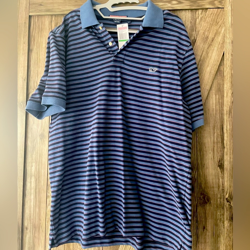 Vineyard Vines Men’s pique polo Large, Navy, Blue, White, deep orange stripes